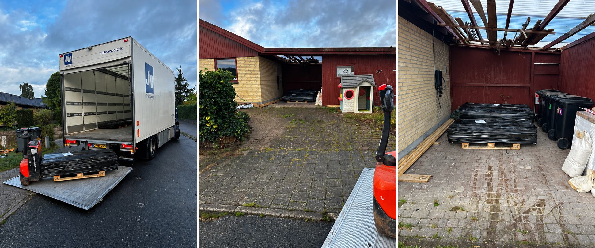 Levering helt ind på grunden og placeret i tørvejr under en carport